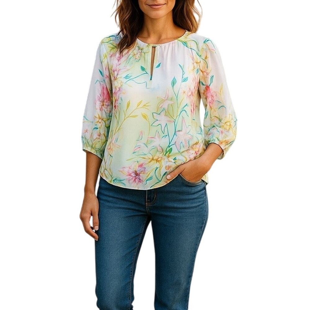 Jennifer Lopez Floral Chiffon Blouse Green High Low Sheer 3/4 Sleeve Small